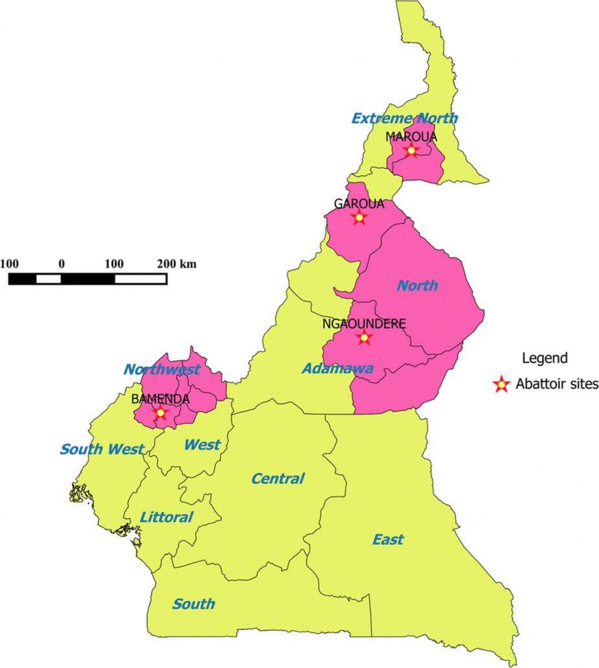Camerún mostrando rexións mapa